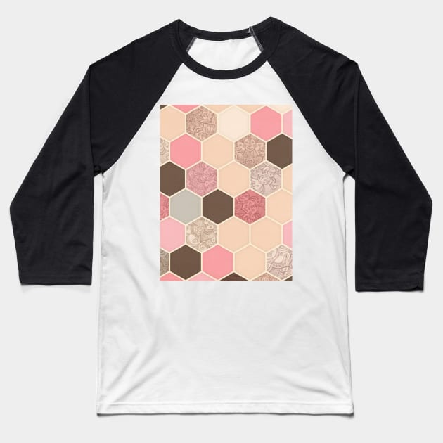Caramel, Cocoa, Strawberry & Cream Hexagon & Doodle Pattern Baseball T-Shirt by micklyn